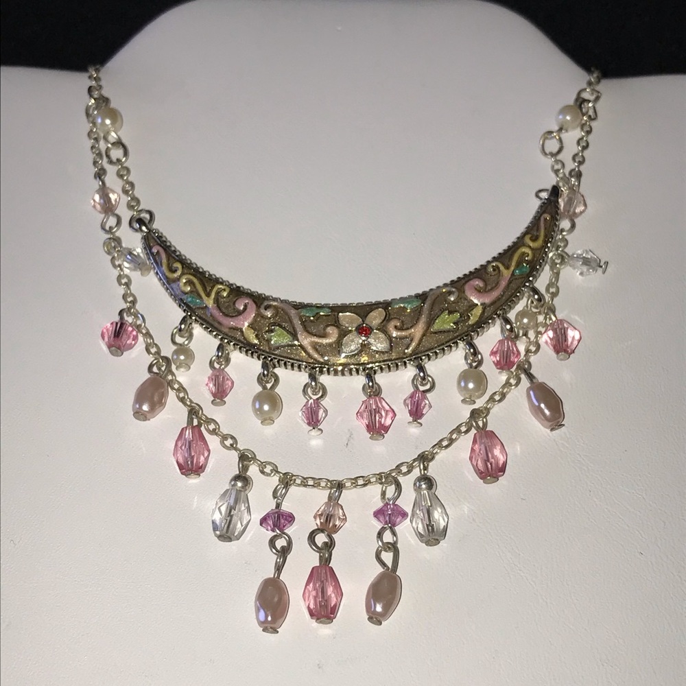 Enameled Bar With Pink And Clear Beads
